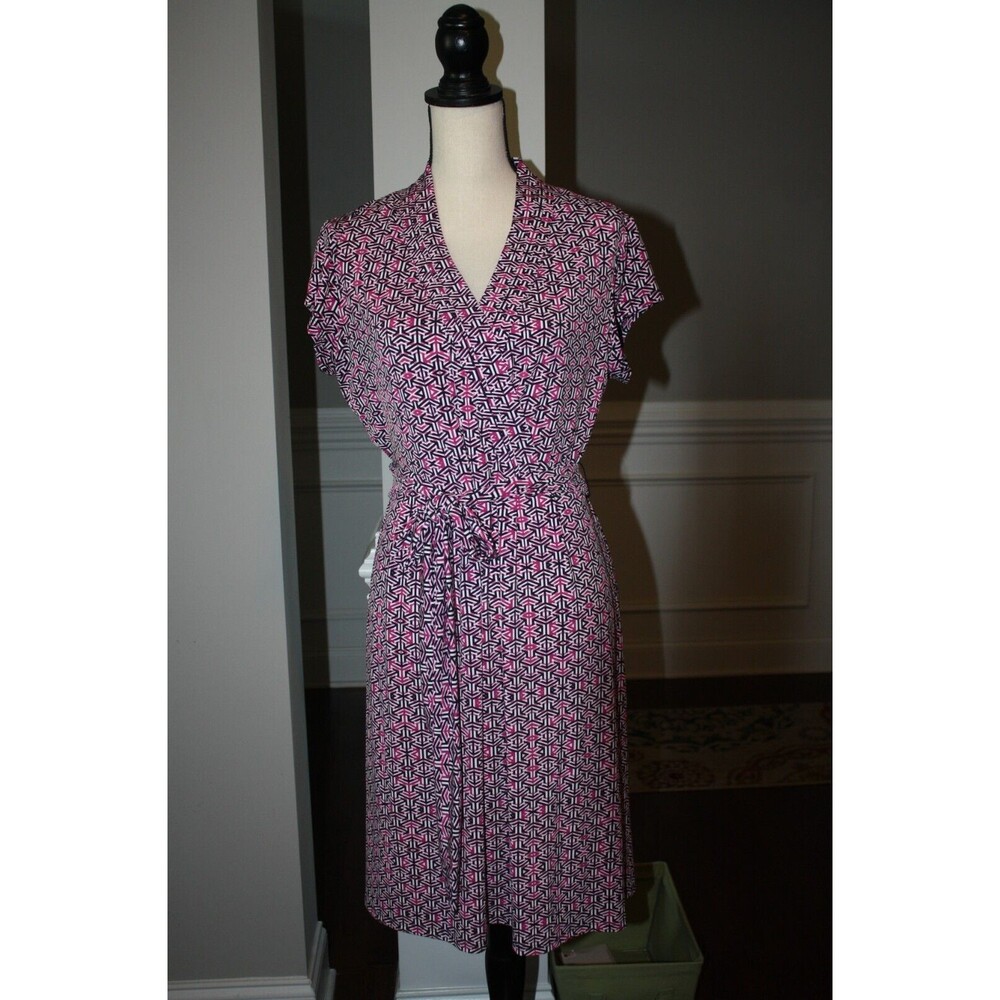 Liz Claiborne Cap Sleeve Dress w/Belt Berry/Black/Ivory Sz L